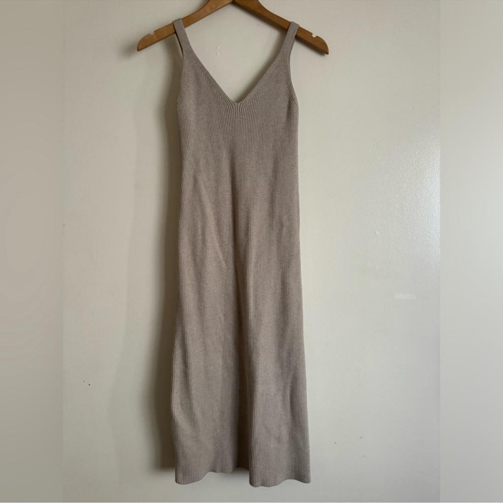 Zara Ribbed V-Neck Slip Dress in Beige